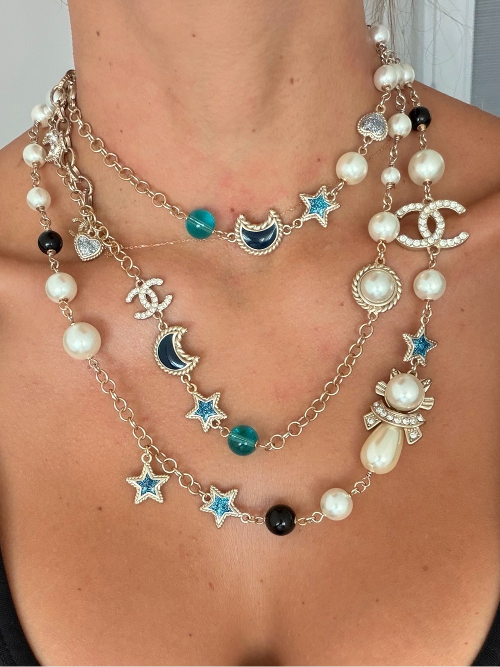 💙CHANEL Gold-Tone Multi-Strand Pearl Necklace with Blue Stars & Black Beads✨ - Picture 1 of 11